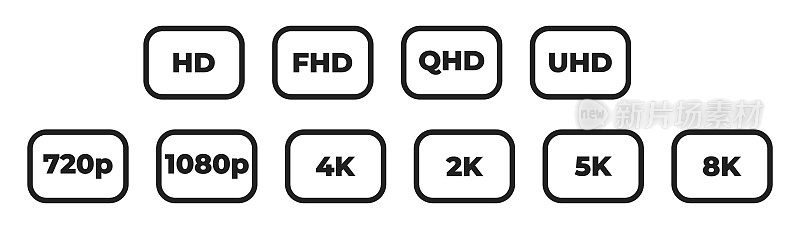 视频质量的象征。2K 4K高清视频格式矢量插图孤立在白色背景。屏幕分辨率。qhd，超高清文本。10每股收益